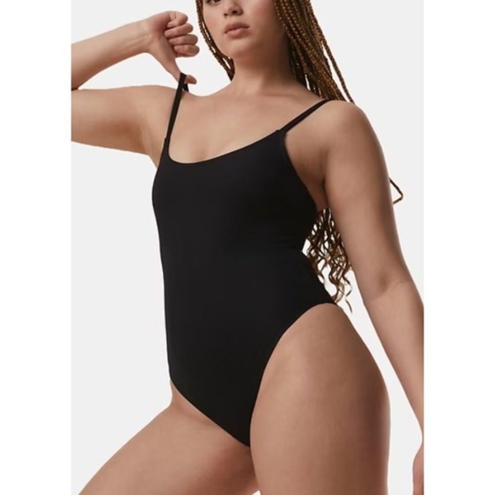 Andie Amalfi Black Ribbed High Cut Spaghetti Strap One Piece Swimsuit Size XST‎